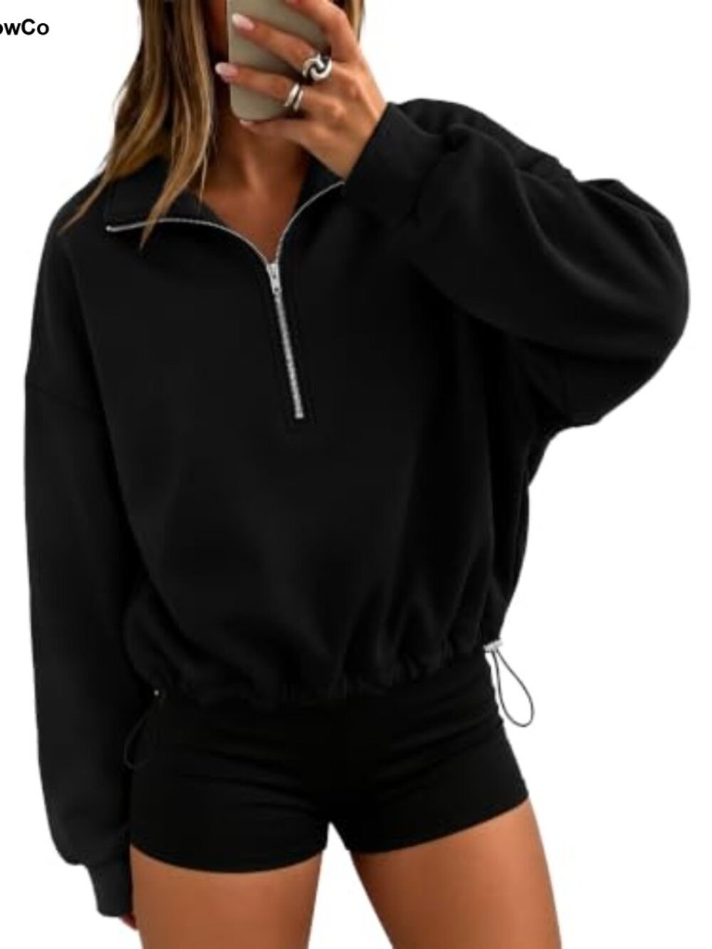 Fleece Quarter Zip Cinchable Hem Crop Sweatshirt Pullover